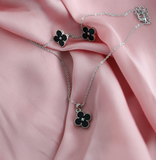 Black flower pendant set-4 petals-silver chain